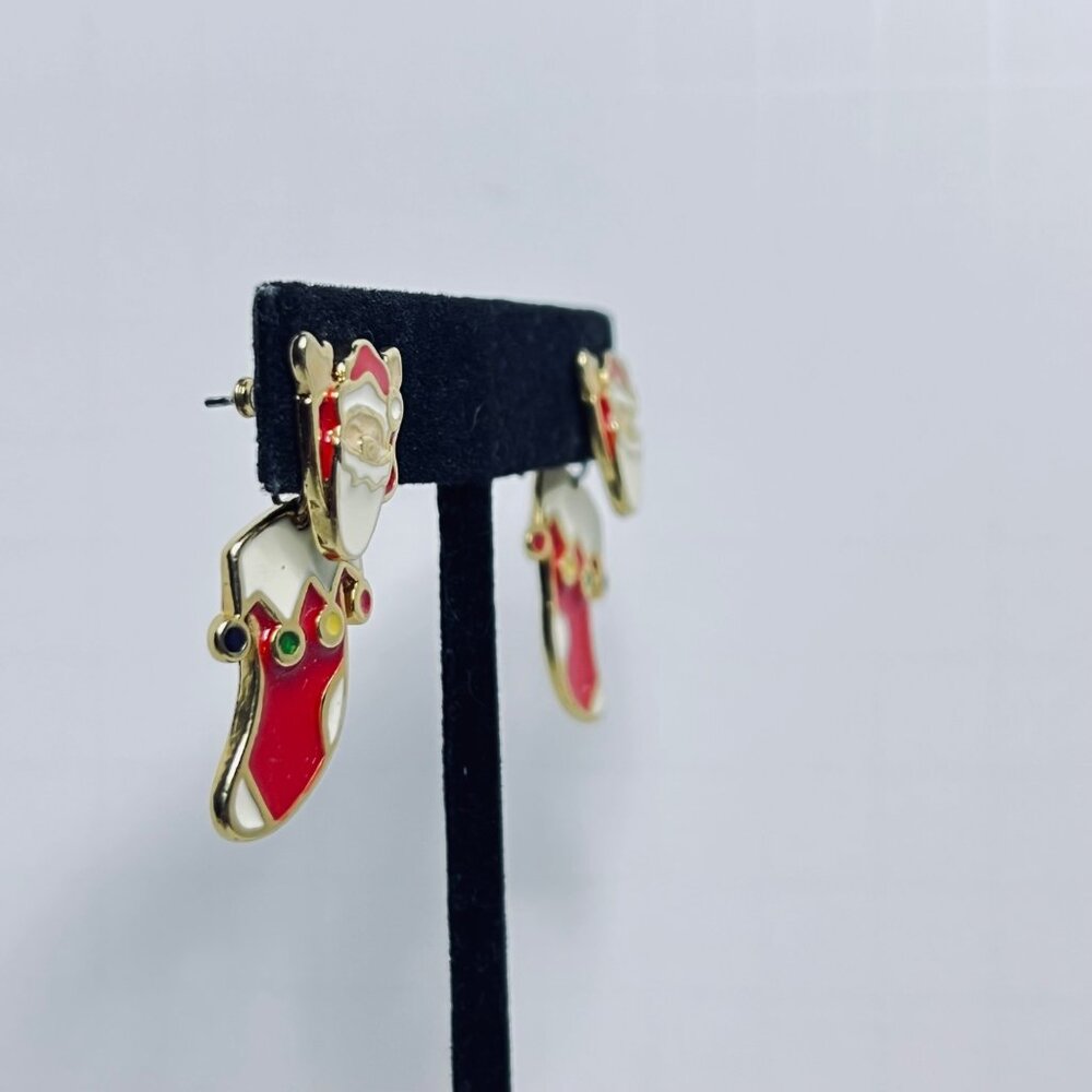 Vintage Santa In A Stocking Gold Tone Enamel Pierced Earrings (5632) - Picture 2 of 4
